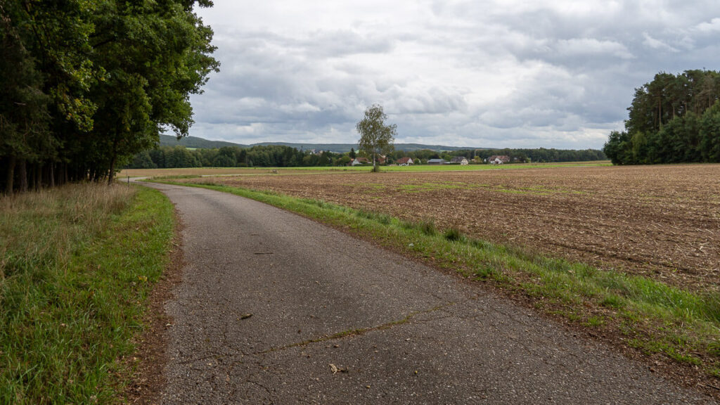 Kleine Teerstraße mit Blick auf Ort in der Ferne