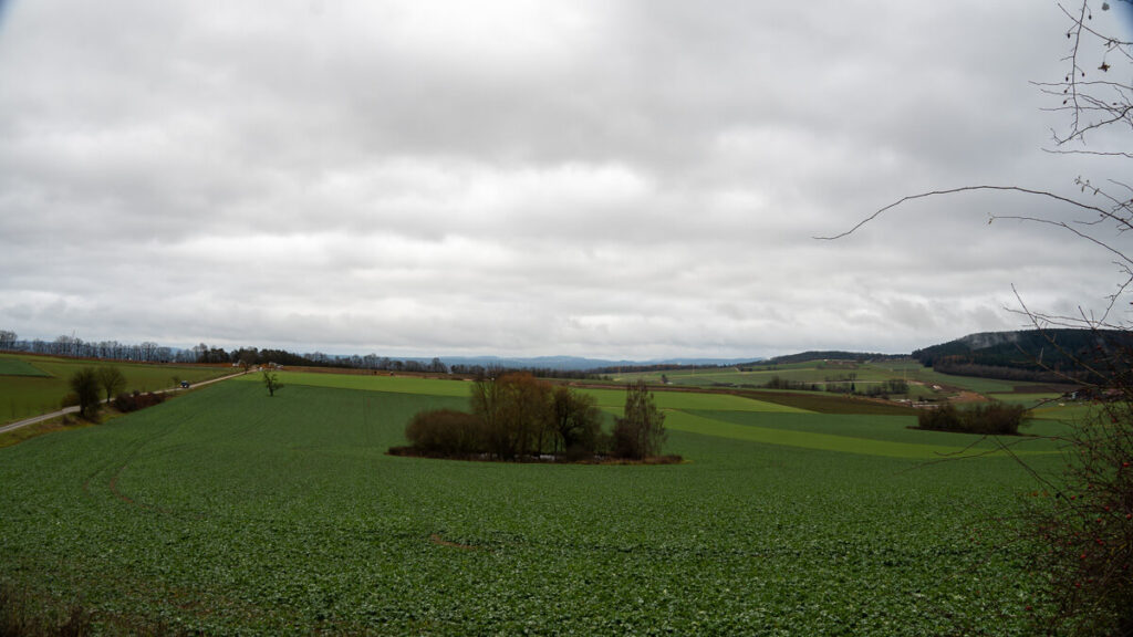 Weite Feld- und Wiesenlandschaft unter grauem Winterhimmel auf dem Oberpfälzer Jakobsweg